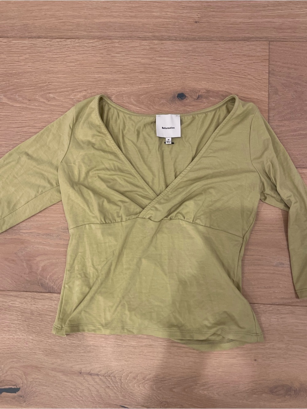 Reformation Sage Green Wrap-Front Long Sleeve Top